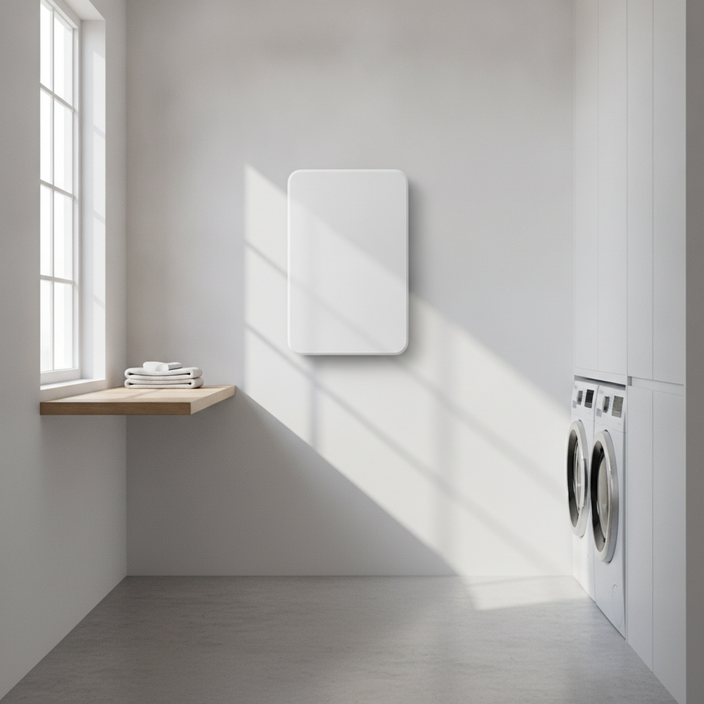 Moderne witte thuisbatterij aan de muur in een lichte bijkeuken