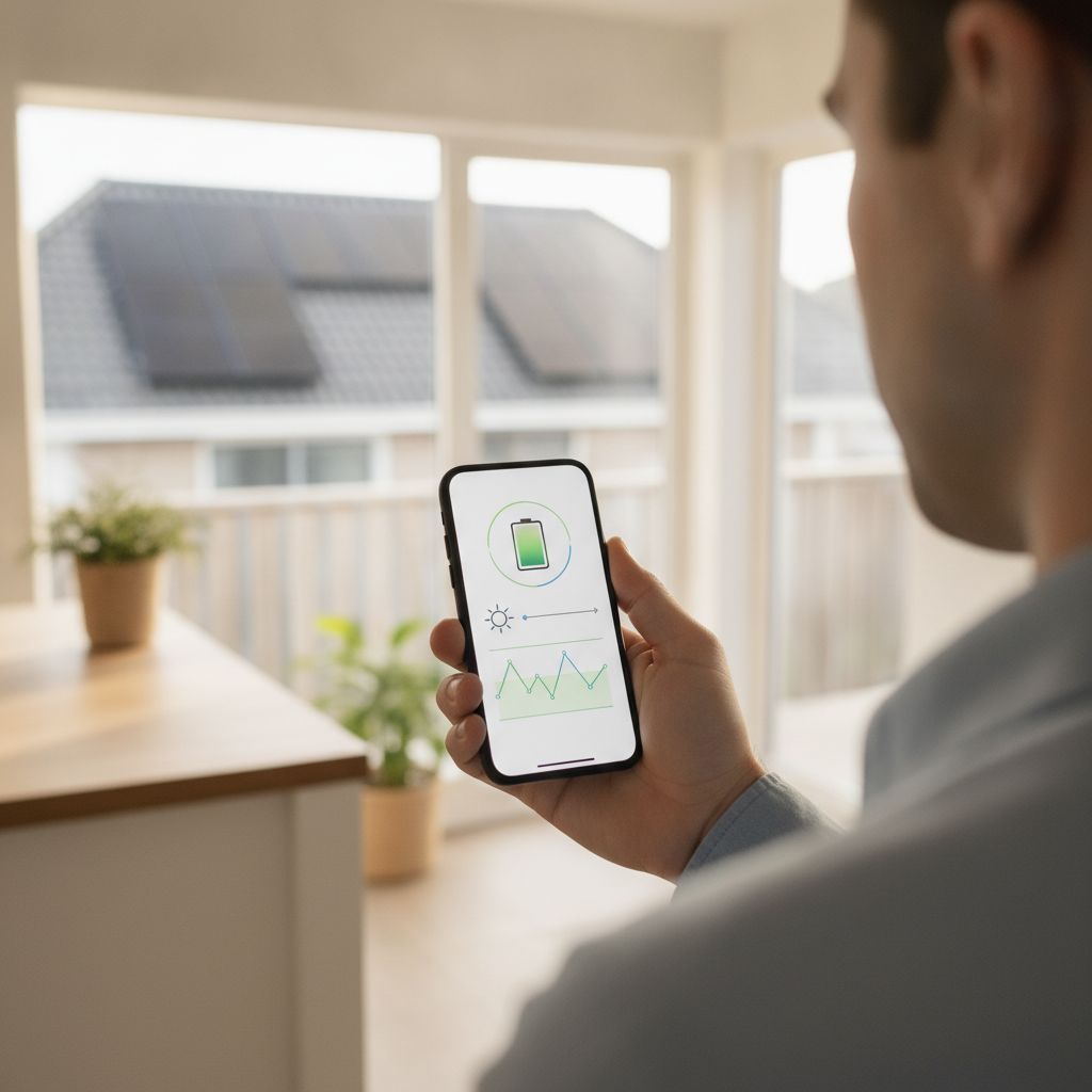 Persoon bekijkt energieverbruik en batterijstatus in een app, met zonnepanelen op het dak zichtbaar
