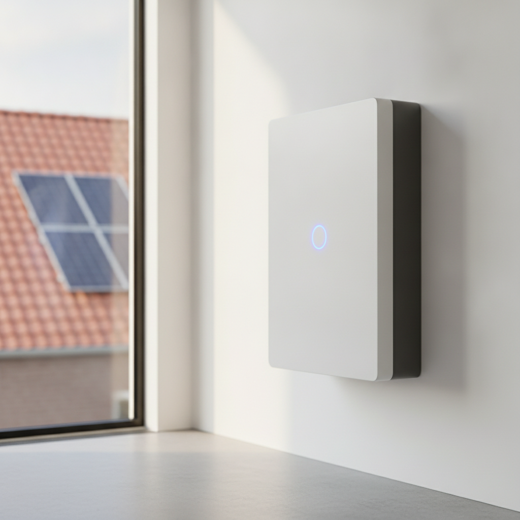 Thuisbatterij aan de muur met zonnepanelen op het dak zichtbaar door het raam
