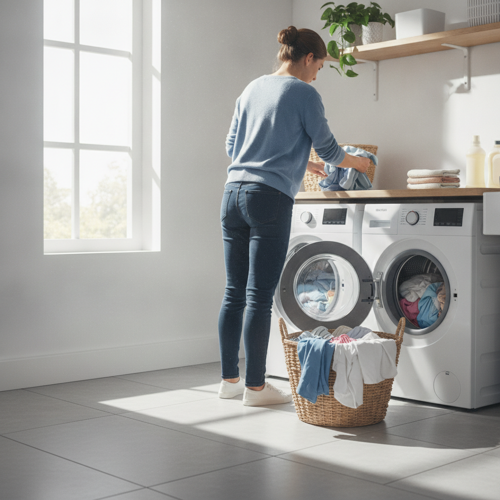 Vrouw laadt overdag de wasmachine in een lichte bijkeuken om zonnestroom zelf te gebruiken
